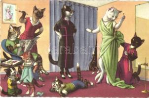 Cats in the dress salon. Alfred Mainzer - modern postcard (gluemark)