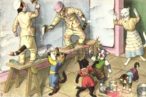 Cat painters, humour. Alfred Mainzer - modern postcard (gluemark)