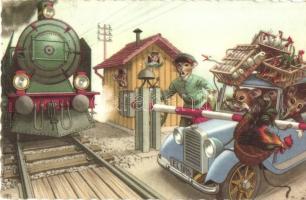Mice in railway trouble with locomotive. Alfred Mainzer - modern postcard (EK)
