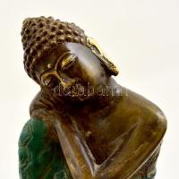 Pihenő Buddha, festett réz szobor, kopásokkal, m: 10 cm