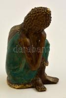 Pihenő Buddha, festett réz szobor, kopásokkal, m: 10 cm