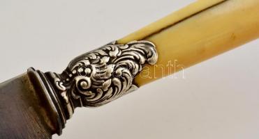 Csontnyelű kés, ezüst(Ag) rátéttel, csont nyélen repedésekkel, h: 31 cm