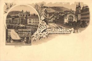 Karlovy Vary, Karlsbad; Sprudelcolonnade, Kurhaus, Sprudel / spa, promenade, fountain. Jakob Neubauer Art Nouveau, floral, litho