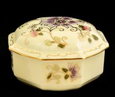 Zsolnay virágmintás porcelán ékszertartó dobozka, kézzel festett, jelzett, hibátlan, 8x8 cm