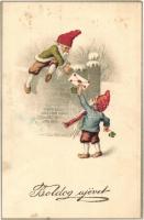 2 db RÉGI törpés litho üdvözlőlap / 2 pre-1945 litho greeting motive postcards with dwarves