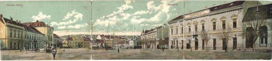 Zilah, Zalau; Kossuth tér, takarékpénztár, Germán János és Sarmath Imre üzlete, kávéház és étterem. Molnár Lajos kiadása, 3-részes panorámalap / square, cafe, restaurant, shops, savings bank. 3-tiled panoramacard (r)