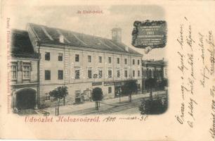 Kolozsvár, Cluj; Unió-épület, Zene conservatorium, Klein Ferenc mosó és művasaló itnézete. Dunky fivérek kiadása / Union building, music school, shops (EK)