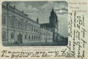 Balázsfalva, Blaj; Piac tér, leányinternátus, este / square view with girl boarding school, night (EK)