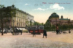 Plzen, Pilsen; Radecky promenade mit dem Theater / promenade with theatre and tram