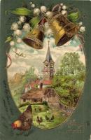 Húsvéti üdvözlet! / Easter greeting card with chicken, bells, church. Emb. golden decorated litho (EK)