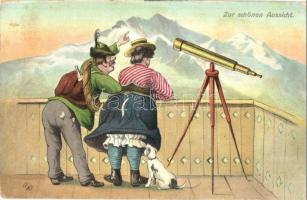 Zur schönen Aussicht! / Humorous ambiguous postcard, dog looking under the ladys skirt (EK)