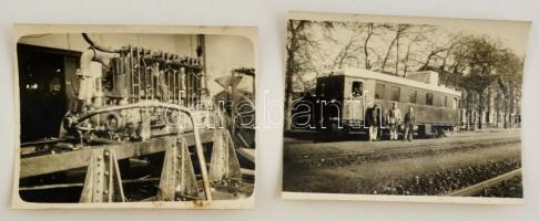 cca 1920-1930 Motorvonat azonosítatlan magyarországi állomáson, nagyméretű motor szervízpadon, 2 db fotó, 9x11,5 cm / Hungarian DMU at unidentified railway station, engine, 2 photos