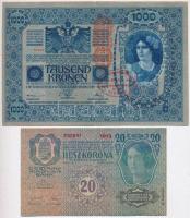 1902. 1000K + 1913. 20K mindkettő piros Deutschösterreich felülbélyegzéssel és hamis A Magyarországi Tanácsköztársaság követsége - Bécs bélyegzésekkel (fake overprint) T:III