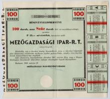 1946. Mezőgazdasági Ipar R.T. részvény elismervénye száz darab részvényről, összesen 1500P értékben, szelvényekkel, szárazpecséttel T:II