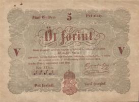 1848. 5Ft "Kossuth bankó" barna, előlapi kézzel írott számozás után pont, jobb felső sarokban 2db nyomdafesték pötty T:II