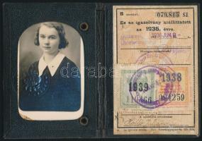 1936-38 Magyar Királyi Államvasutak (MÁV) félárú jegy váltására jogosító fényképes igazolvány egészbőr-kötésben