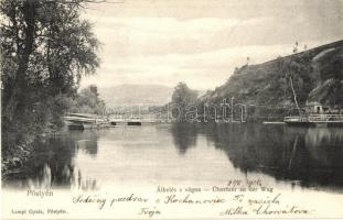 Pöstyén, Piestany; Átkelés a Vágon, komp. Lampl Gyula kiadása / Crossing the Váh river, ferry