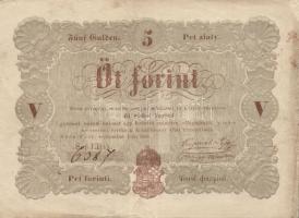 1848. 5Ft "Kossuth bankó" barna, előlapi "florini" szóban "ll" nyomtatási hiba, hátlap erősen oxidálódva! T:II-