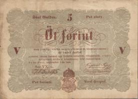 1848. 5Ft "Kossuth bankó" barna, előlapi "florini" szóban "ll" nyomtatási hiba, "5"-ös értékszám jobbra csúszva! T:III+