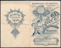 1896 Kriegler D. ékszergyáros reklámos képes, kihajtható levelezőlap, hátoldalán Milleniumi Kiállítás felirattal, 14x9 cm