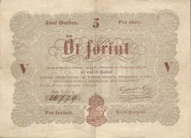 1848. 5Ft "Kossuth bankó" barna, elő- és hátlap ferdén nyomva, előlapon címer baloldalán a nyomdász piros festékes ujjlenyomata, hátlapon korabeli tintapacni! T:II/III+