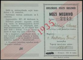 1935 Országos Tiszti Kaszinó, mozi meghívó, 9x13 cm