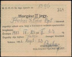 1951 MOHOSZ horgász jegy a Velencei-tóra, 10,5x13,5 cm