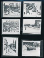 cca 1930 Budapest, Városi életképek (Blaha Lujza tér, Ferenciek tere, Nyugati pályaudvar, Astoria, motorverseny, villamosok, dugó a Mátyás templomnál), 6 db utólagos előhívás, egyik ragasztott, kb. 6x7 cm
