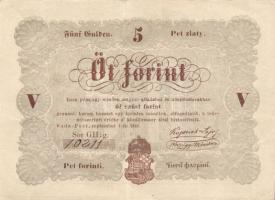 1848. 5Ft "Kossuth bankó" barna, előlapon "5"-ös értékszám és címer erősen elcsúszva, alsó ívszél fölött teljesen áthúzódó vékony vonal! T:II