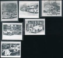 cca 1930-1970 Budapesti életképek, autóverseny, IBUSZ városnéző busz, parkoló autók, stb., 6 db utólagos előhívás, kb. 6x7 cm