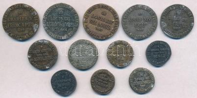 Franciaország ~1970. Le Tresor des Rois de France (A Francia Királyság kincstára) gyoldalas fém utánveret érmék hátoldalon névérték és az évjárat feltüntetésével (12xklf) T:2 patina