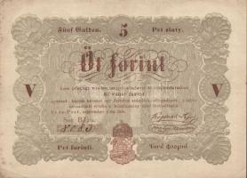 1848. 5Ft "Kossuth bankó" barna, előlapon "5"-ös értékszám és címer jobbra csúszva, hátlapon "ezen" szóban törött "z" betű, román nyelvű szöveg utolsó szava után .,! T:II