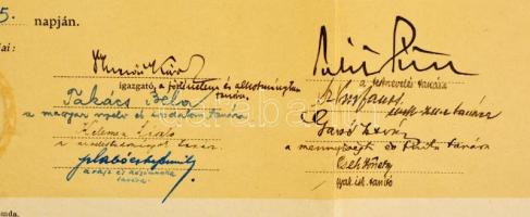 1926 Népiskolai tanítói oklevél, aláírásokkal, 42x49 cm