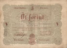 1848. 5Ft "Kossuth bankó" barna, előlapi címer balra tolódva, ismeretlen eredetű bélyegzők részleges lenyomata, hátlap oxidálódva T:II