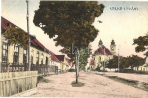 Nagylévárd, Velké Leváre; utcakép templommal / street view with church