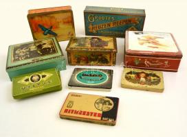 10 db régi fém doboz: szivaros, bonbonos, karácsonyi / 10 vintage metal boxes. Cigars, bonbons, christmas ones