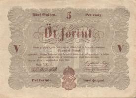 1848. 5Ft "Kossuth bankó" barna, hátlapi nyomat erősen felfelé csúszva! T:II