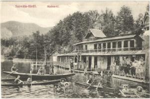 Szováta-fürdő, Sovata; Medve-tó, fürdőzők, csónakázók és evezősök. Schuster Emil kiadása / Lacul Ursu, bathing people, rowing boats