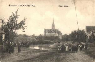 Nagymagasfalu, Magasfalva, Hochstetten, Hochstetna, Vysoká pri Morave; Kecske utca templommal / Kozí ulica / street view with church (EK)