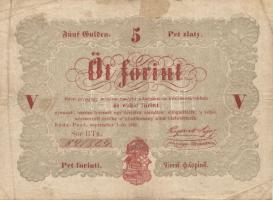 1848. 5Ft "Kossuth bankó" vörösbarna, ritkább hátlapi második sorban ékezet + ékezet román nyelvű variánssal  T:II/III+