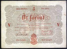 1848. 5Ft "Kossuth bankó" vörösbarna, ritkább hátlapi második sorban ékezet + ékezet román nyelvű variánssal  T:II/III+