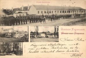 1899 Fogaras, Fagaras; Parade-Ausrückung, Kaserne, Schloss, Papier-Mühle / Katonai felvonulás, laktanya, kastély, papírmalom, papírgyár. Thierfeld Dávid kiadása / military parade, barracks, castle, paper mill (EK)