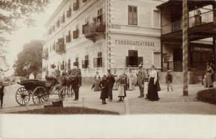 ~1900 Szliács, Sliac; Buda szálloda fürdőigazgatósága, díszmű áru raktár, lovas kocsi / hotel, spa directorate, shop, horse cart. photo