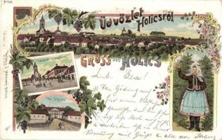1899 Holics, Holic; Vásár tér, vár, népviselet / square, castle, folklore. J. Malovany floral, Art Nouveau, litho