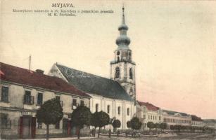 Miava, Myjava; Masaryk tér, evangélikus templom, M. R. Stefánik szobor, Svetozar Lajda üzlete / square, church, statue, shop