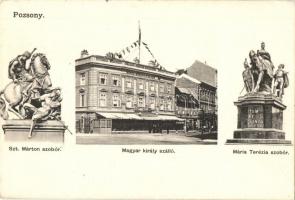 Pozsony, Pressburg, Bratislava; Szent Márton szobor, Magyar király szálló, Mária Terézia szobor / statues, hotel