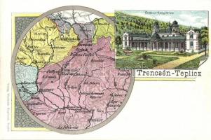 Trencsénteplic, Trencianske Teplice; Gyógyterem, térkép. Wertheim Zsigmond kiadása / spa, map. Art Nouveau, litho