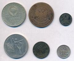 Orosz Birodalom / Szovjetunió 6db-os vegyes érme tétel, közte 1913. 1/2k Cu; 1915. 10k Ag; 1970. 1R ...