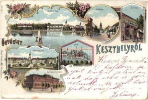 1899 Keszthely, Balaton park, Fő utca, áruház, fürdőház, Festetics palota, Gazdasági tanintézet. Kovács Mór kiadása, Floral, Art Nouveau, litho (vágott / cut)