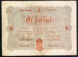 1848. 5Ft "Kossuth bankó" vörösbarna, előlapi román "florini" szóban "ll" nyomdahiba + érdekes, feltűnő "keretezés" T:restaurált